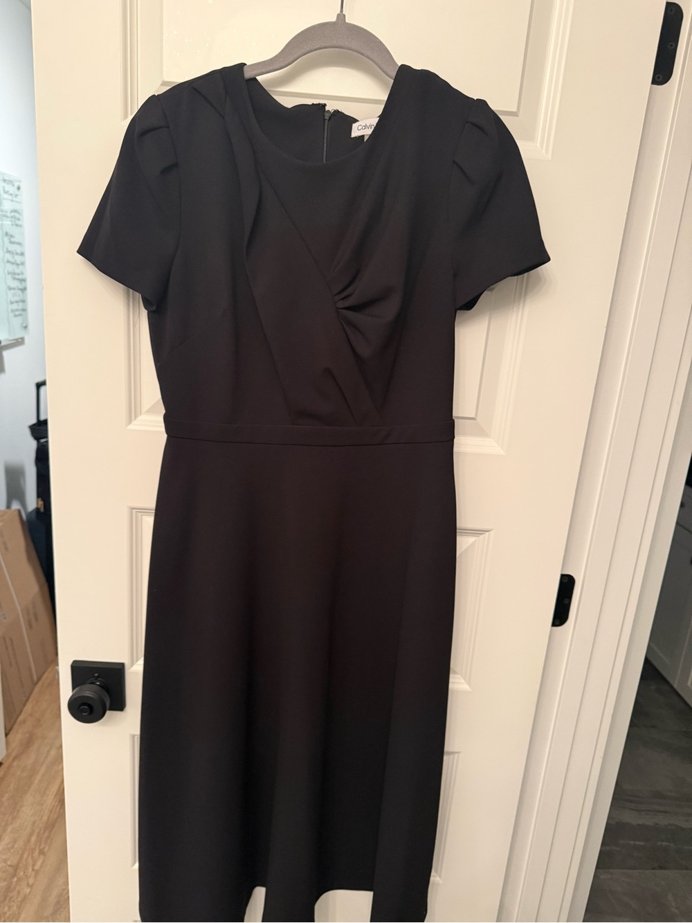 Calvin Klein Black Short-Sleeve Faux-Wrap Midi Dress